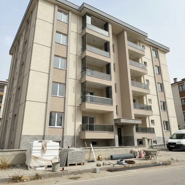 Tamamlanmış bina cephesi, dış kaplama ve balkon detayı