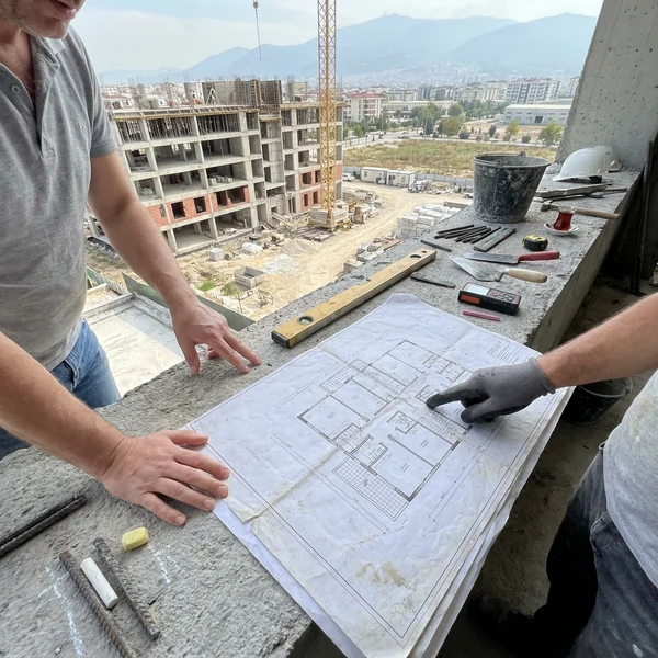 Şantiye şefi projeyi kat malikine plan üzerinden anlatıyor