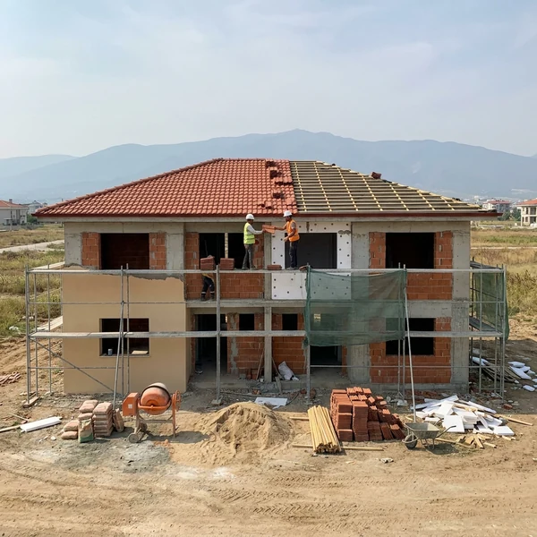 İkiz villa yapımı, çatı ve cephe kaplaması aşaması